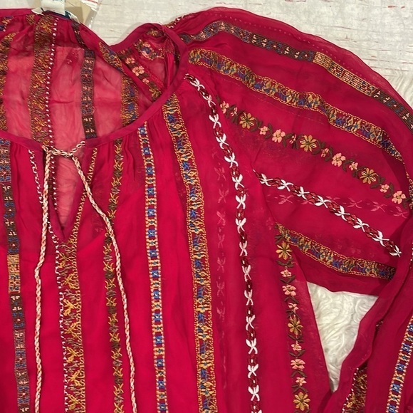 NWT Sundance Red Embroidered Tassel Tie Peasant Blouse Petite - Picture 7 of 11